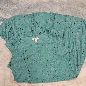 London Style Collection Teal Eyelet Dress Women's Size 16 Sleeveless